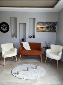 Resim Azra Mobilya Azra Aksesuar Çay Seti Oturma Grubu, Puffy Kumaş, Koltuk Takımı, Ahşap Ayak, Balkon Bahçe Mobilyası Taba-krem 