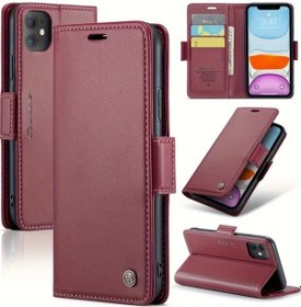 Resim Gaojunshop01 iPhone Uyumlu 11 Kırmızı Rfıd Deri Kılıf Kartlık Manyetik Ayaklı Kapak 