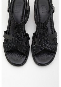 Resim Luvishoes Luvi Shoes Dolen Siyah Taşlı Hakiki Deri Kadın Kalın Topuklu Sandalet Siyah 