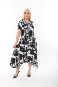 Resim mami butik Büyük Beden Asimetrik Etek Kısa Kol Viskon Penye Şık Rahat Yazlık Elbise 