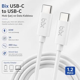 Resim Bix BX-UC02C 60W Type-C to Type-C Hızlı Şarj ve Data Kablosu 1.2 Metre Beyaz 
