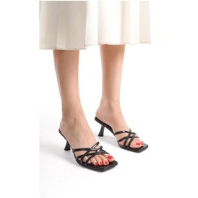 Resim Kindep Simsim İnce Çapraz Bantlı Kadın Topuklu Terlik Siyah Siyah 