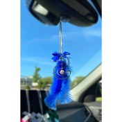 Resim Şeffaf Gümüş Dikiz Süsü & Saks Mavi Kurdela & Saks Mavi Tüy . 