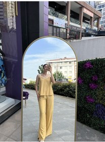 Resim Yırtmaçlı Keten Pantolon - Hardal Sarısı-118 Sarı 