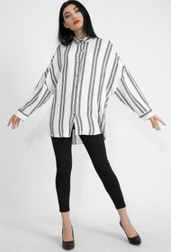 Resim VELİZADE Konfor Modeli Siyah Çizgili Oversize 4 Mevsim Geniş Kalıp Uzun Kollu Düz Kadın Gömlek Tesettür 
