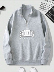 Resim Harmandar Gri Brooklyn Baskılı Erkek Dik Yaka Yarım Fermuarlı Kazak Sweatshirt Gribrooklyndikyaka 
