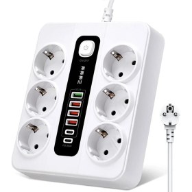 Resim Azurtech Akıllı Priz 3000W 10 Amper 6 Lı Priz 2 Metre Çoklu Priz 4 USB 2 Type C Pd Girişli Hızlı Şarj Istasyonu 