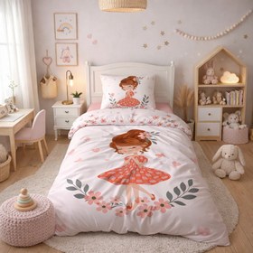 Resim Evmila Çiçekli Kız Desenli Nevresim Takımı - 160x220cm Nevresim +50x70cm Yastık Kılıfı+100x200cm Çarşaf 