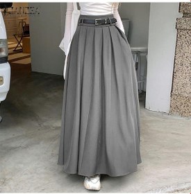 Resim Kahverengi Zanzea Kadın Yüksek Bel Pileli Düz Renk Bol A-line Etek Kahverengi 