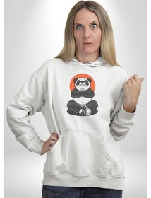 Resim Yoga Panda Kadın Erkek Beyaz Kapüşonlu Sweatshirt Hoodie Beyaz 