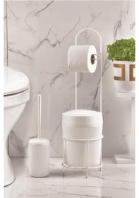 Resim Metal Standlı Yuvarlak Kovalı & Kağıtlıklı & Fırçalıklı Beyaz Banyo Takımı Açık Gri 