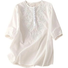 Resim Beyaz Bayanlar Üst İşlemeli Yuvarlak Boyun Zarif Kısa Kollu Pamuk Keten Yaz Vintage Nakış Üst Kadın Kumaş 