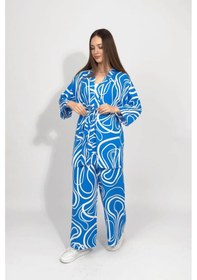 Resim Dokuma Viskon Rahat Kesim Kimono Altı Uzun Takım Mavi 