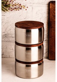 Resim Snippy Steelora - 3'lü Ahşap Vakumlu Kapaklı Paslanmaz Çelik Kase Kahvaltılık Çerezlik 700 Ml Çelik 