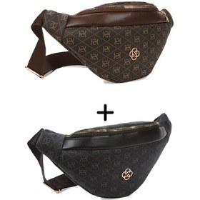 Resim Newish Polo Kadın Desenli Çapraz Omuz Askılı Bel Ve Omuz Çantası 2 Adet New345- Kahverengi - Gri 