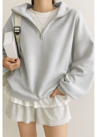 Resim Ghassy Co. Kadın Pamuklu Oversize Silver Yarım Fermuarlı Sweatshirt GRİ MELANJ 