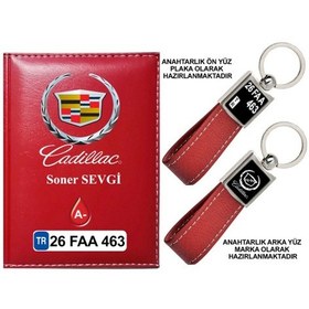Resim Plakanıza Özel Cadillac Logolu Kırmızı Ruhsat Kabı Ve Anahtarlık 