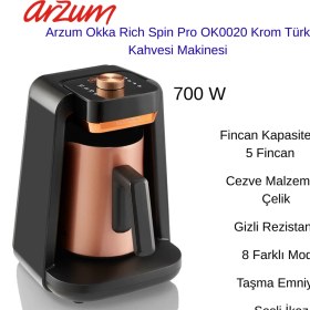 Resim Arzum Okka Rich Spin Pro Krom Türk Kahvesi Makinesi +Türk Kahvesi Hediye 