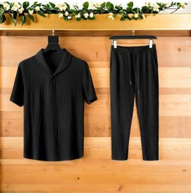 Resim Unisex Kadın/erkek Özel Bürümcük Krinkıl Kumaş Yazlık Likralı Kısa Kol Tişört Eşofman Elbise Takım Siyah - Siyah 