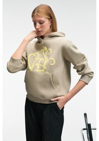 Resim Grimelange LIORAEN Kadın Baskılı Relaxed Kanguru Cepli Kapüşonlu Taş Rengi Sweatshirt 