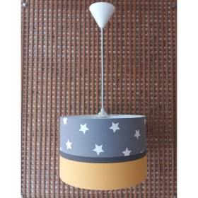 Resim Onay Avize Gri Yıldızlı Sarı 2.li Set M-0388 Kumaş Kaplama Genç ve Çocuk Odası Avize ve Abajur Takımı 