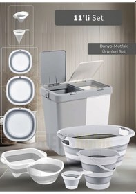 Resim 11'li Set Çamaşır Sepeti- Katlanır Sele- Badya- Kova- Maşrapa- Süzgeç- Kesim Panosu-huniler Bpa Free Beyaz - Gri 
