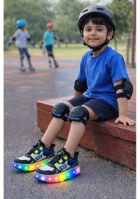 Resim Erkek Çocuk Işıklı Patenli Ayakkabı Tekerlekli Kaykaylı Spor Sneaker Led Taban Siyah 