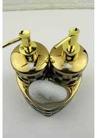 Resim 2 Hazneli Kalp Model Porselen Mutfak 400ml Set Sıvı Sabunluk Damalı Fırçalı 19903 