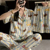 Resim Sevimli Köpek Baskılı İlkbahar ve Yaz Kısa Kollu İnce Pijama Takımı, Japon Tarzı Çizgili Yaka Rahat Geniş Kesim Açık Hırka Üç Parçalı Ev Giyimi 