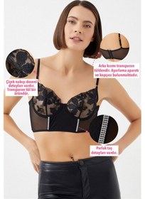 Resim Cottonhill Siyah Çiçek Nakışlı Balenli Taş Detaylı Ayarlanabilir Askılı Kadın Bralet Büstiyer Siyah 