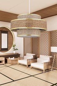 Resim Bohhem Otantik Trio Metal Kasalı Hasır Kaplama ve Bej Kumaş Salon Avize Üç Katlı Pasta Yatak Odası Sarkıt Bej 30 x 17 
