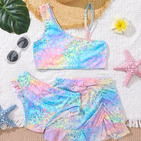 Resim 3 Parça Kız Çocukları için Renk Geçişli Bikini Mayo + Örtü Etek Takımı Yazlık Plaj Tatili Deniz Kenarı Kıyafeti 
