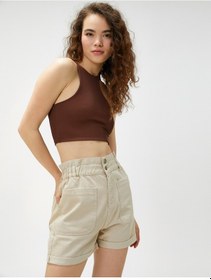 Resim Koton Kot Şort Yüksek Bel Cep Detaylı Düğmeli Pamuklu Bej 3sal40004mw 3SAL40004MW050 Ekru 