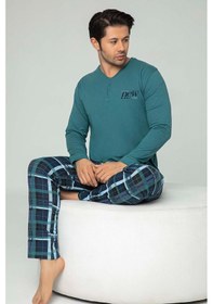 Resim Aydoğan Erkek Tuna Koton Patlı Düğmeli Çam Yeşili Pijama Takımı 0450 Turkuaz 