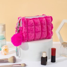 Resim Pom-Pom ve Zebra Çizgili Saplı Büyük Kapasiteli Peluş Makyaj Çantası - Seyahat ve Ev Kullanımı için Yumuşak Pembe Kozmetik Torbası, Kadınlar için Sevimli ve Fonksiyonel Tasarım, Makyaj Seyahat Çantası 
