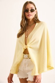 Resim Olalook Kadın Sarı Yarasa Model Crop Müslin Kimono KMN-00000071 
