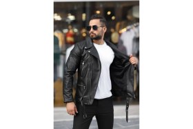 Resim Prifaldi Erkek Biker Kemerli Deri Ceket Siyah 