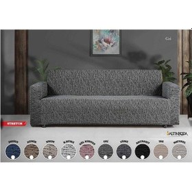 Resim Strech Stil Jakarlı Koltuk Örtüsü - Naturel Antrasit 