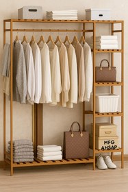 Resim MFG AHŞAP Ahşap Ayaklı Askılı Raflı Çok Amaçlı Elbise Dolabı 147x96x30 