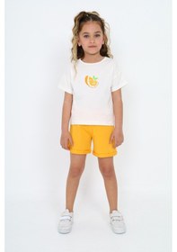Resim Toontoy Kids Toontoy Kız Çocuk 2'li Takım Baskılı Bisiklet Yaka T-shirt & Beli Lastikli Şort Ekru 