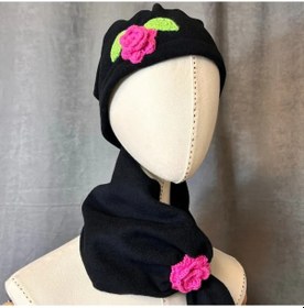Resim Uretti - Saime 7243 - El Yapımı Polar Çiçek İşlemeli Siyah Şapka Atkı 2'li Takım Siyah 