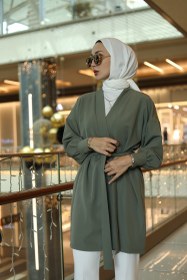 Resim Manşetli Kuşaklı Haki Kimono - 36-38 