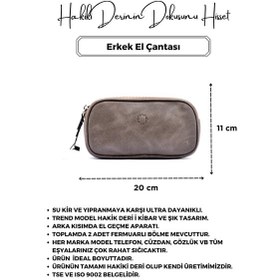 Resim Empiero Antik Gri Hakiki Deri Çift Fermuarlı El Çantası El Geçmeli Antik Gri 