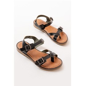 Resim 205-091 Siyah Ortopedik Hakiki Deri Kadın Sandalet Siyah 