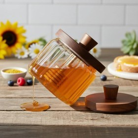 Resim Hepta Collection Akasya Ağacı Kapaklı Borosilikat Cam Bal Kavanozu ve Bal Kaşığı| Modern Kahvaltılık Saklama Kabı | B 