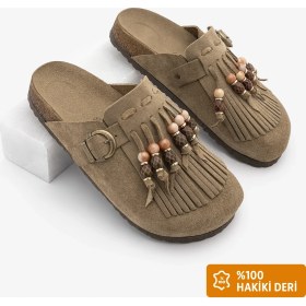 Resim Marjin Kadın Hakiki Deri Eva Taban Püsküllü Önü Kapalı Boncuklu Sabo Günlük Terlik Serloz Toprak Süet 
