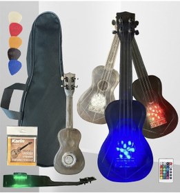 Resim Şeffaf Soprano Uzaktan Kumandalı Ledli Ukulele Çoklu Renk Seçeneği Çanta,pena,tel 