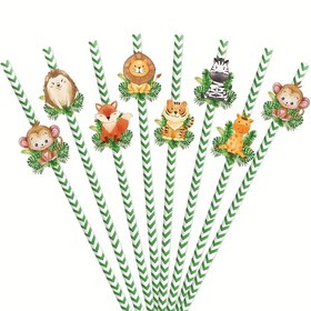 Resim 24 adet Karikatür Orman Hayvan Temalı Tek Kullanımlık Kağıt Pipet, Orman Hayvanat Bahçesi Doğum Günü Partisi Süslemeleri, Orman Parti Malzemeleri 