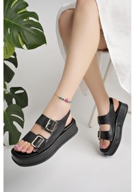 Resim Muggo Wanda Garantili Dolgu Topuklu Çift Bantlı Toka Detaylı Lastikli Kadın Sandalet 001 