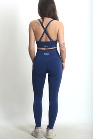 Resim Yüksel Bel Dikişsiz ve Büzgüsüz Kalça Toparlayıcı Spor Tayt Gece Mavisi - XL 